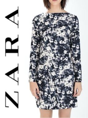 Zara Navy and White Floral Long-Sleeve Mini Dress • Small
